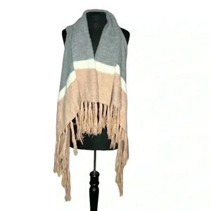 Maurices Sleeveless Fringe Gray White Pink Stripe Open Front Wrap Size OS